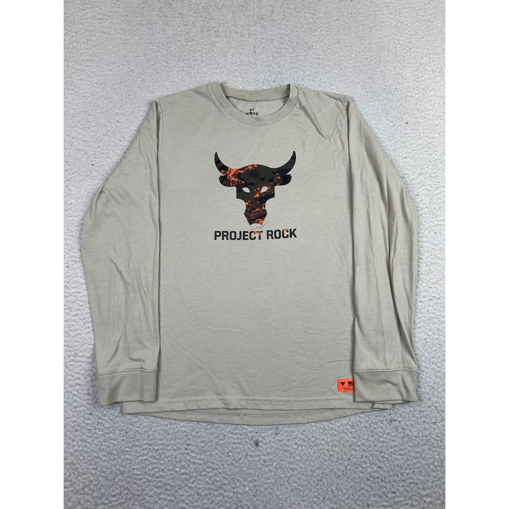 Under Armour Project Rock Shirt Youth Large Tan Long Sleeve Freedom Flag Bull